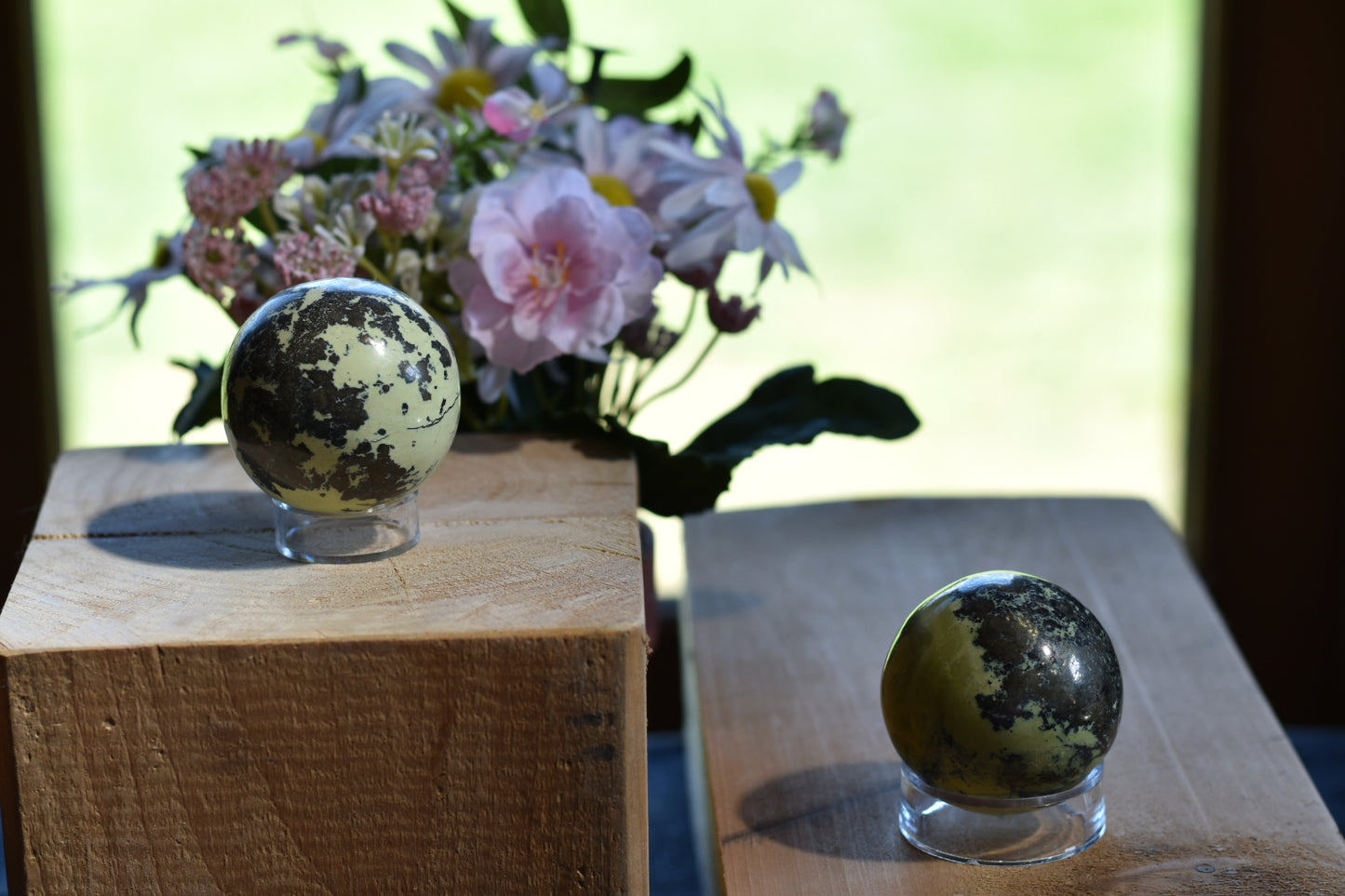 Yellow Serpentine with Pyrite inclusions 45mm Sphere