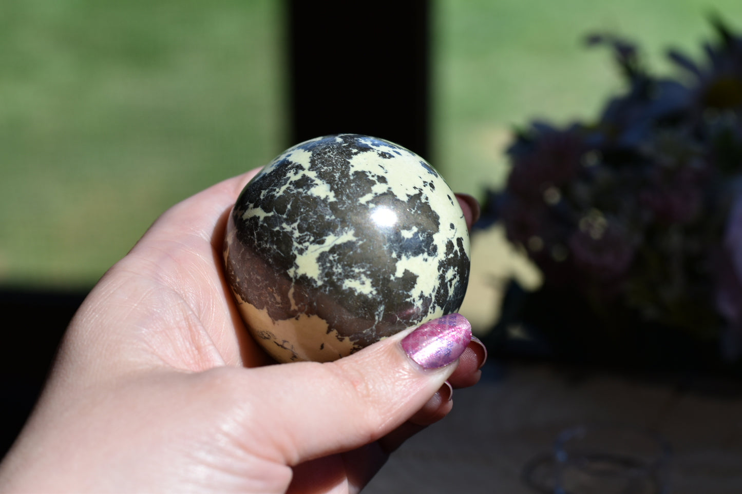 Yellow Serpentine with Pyrite inclusions 45mm Sphere