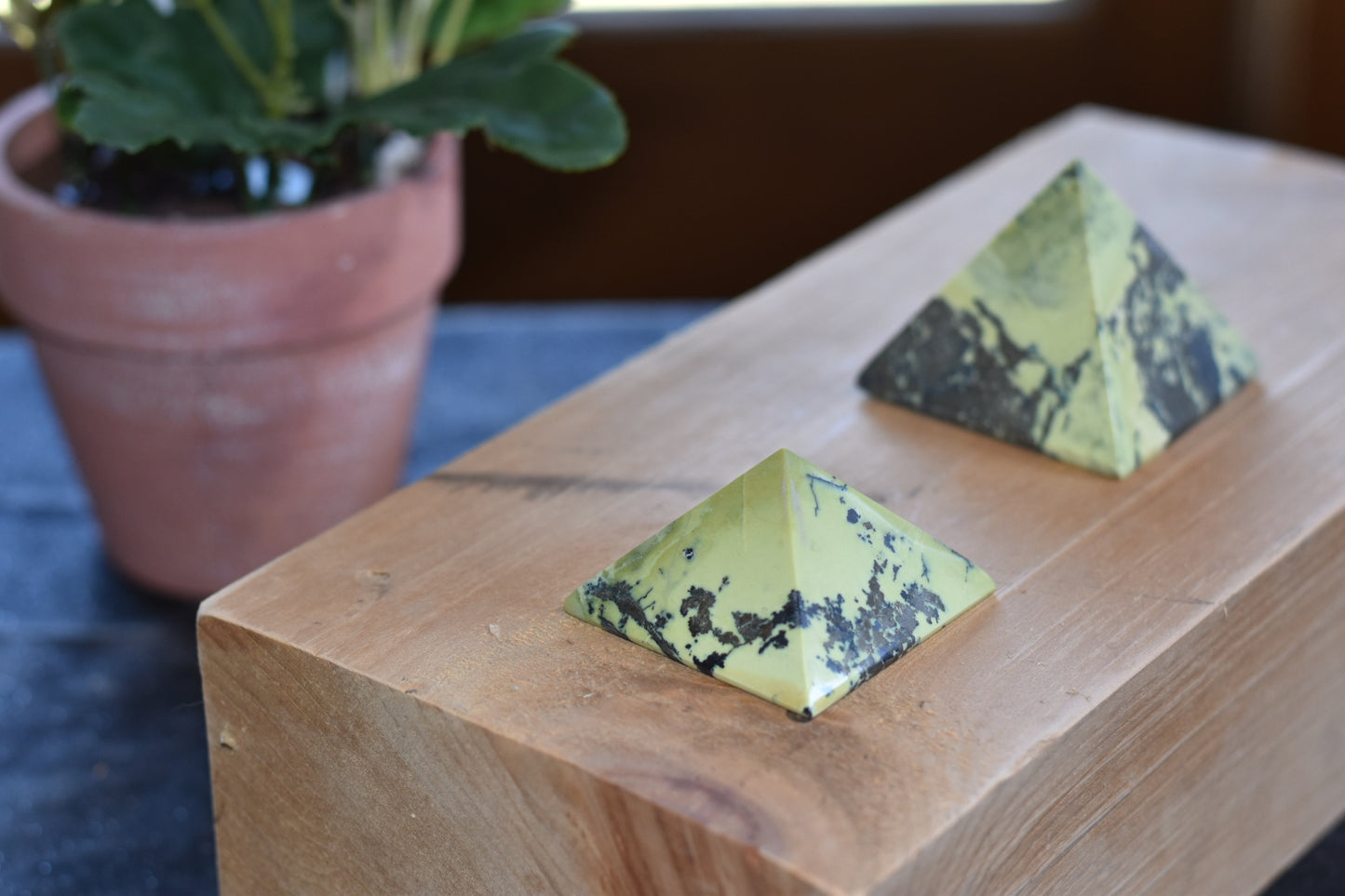 Yellow Serpentine with Pyrite inclusions Pyramids