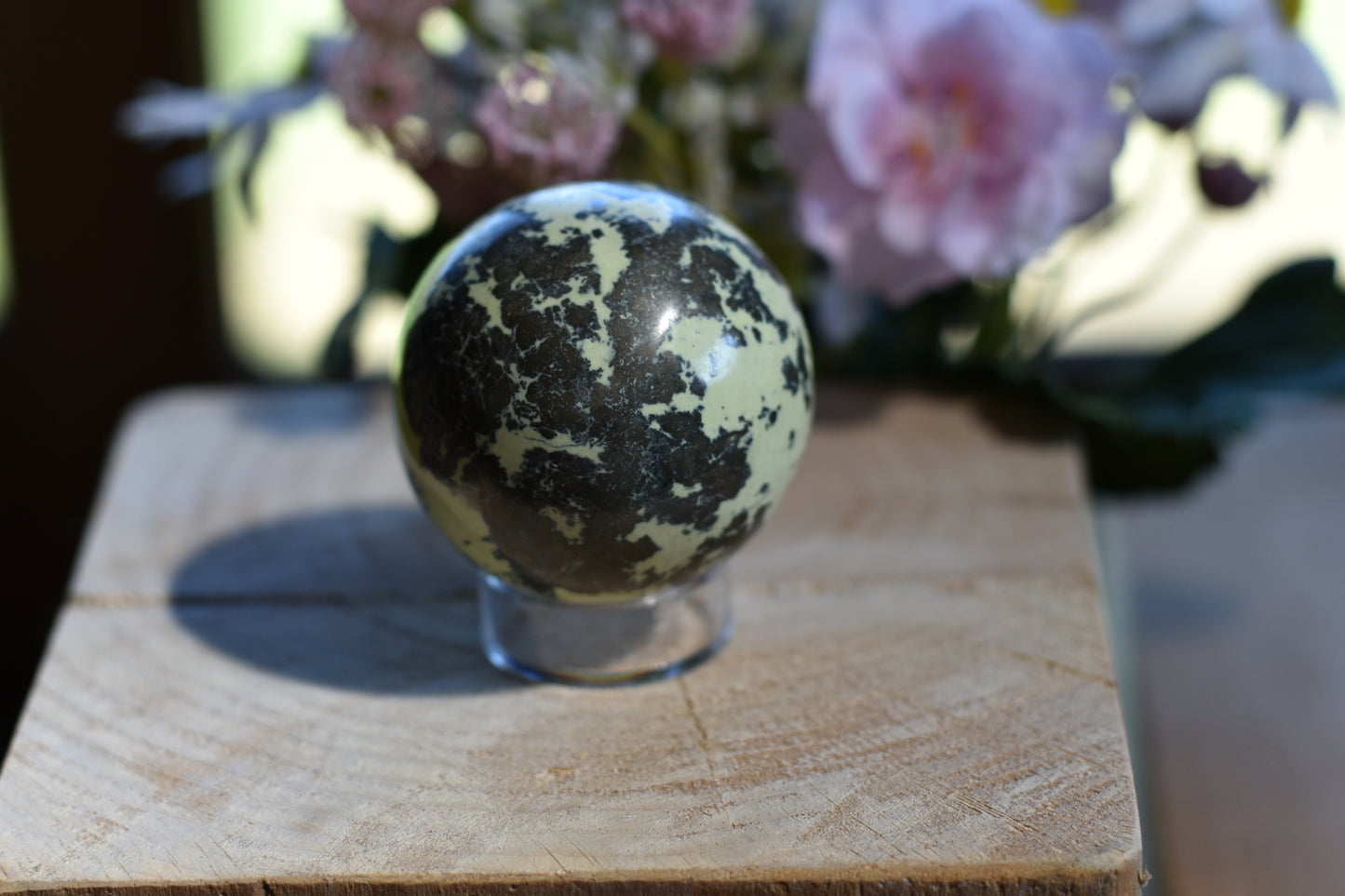 Yellow Serpentine with Pyrite inclusions 45mm Sphere